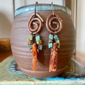 Orange Kyanite, Turquoise & Copper Earrings